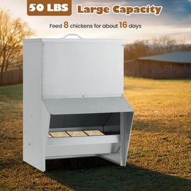 PETSITE 50 lbs Capacity Metal Chicken Feeder, Weatherproof No Waste Poultry Feeder with Lid, Wall Mounted Design, Food Dispenser Metallic Trough for Chicken Ducks Geese Turkeys