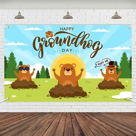 Wollmix Groundhog Day Decorations Banner - 70.8x43.3 Inch Cute Cartoon Animals Backdrop, February 2nd Holiday Festival Weather Forecast Party Supplies Decor for Spring Birthday, Photo Booth Props