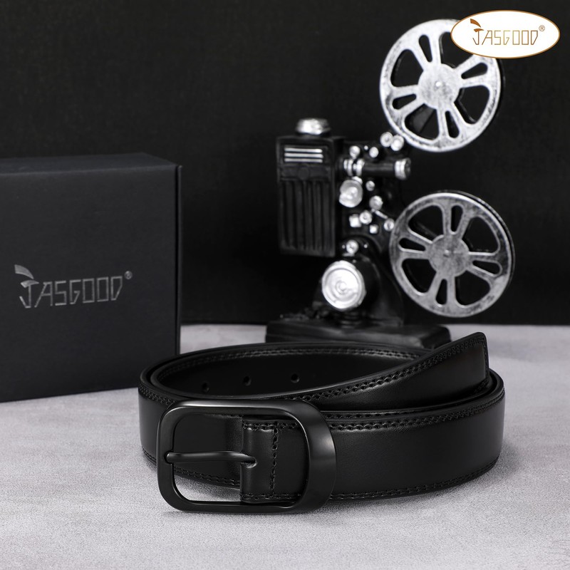 JasGood Men's Fashion Leather Belt, Black (matte black buckle)