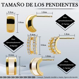 Eslinila 3 Pairs 14K Gold Plated Stud Earrings, Hypoallergenic S925 Sterling Silver Post Multiple Piercing Curved Earrings for Women Gifts, Alloy