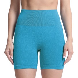 Aoxjox - Pantalones cortos de entrenamiento con contorno sin costuras para mujer, control de abdomen y cintura alta, pantalones cortos para correr, yoga, 5 pulgadas, Blue Jewel Marl, Small