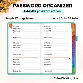 SUNEE Password Keeper Book with Colorful Alphabetical Tabs, Small Pocket Password Book for Internet Website Address Login, Gifts for Home and Office, 4''x 6''- Aquamarine