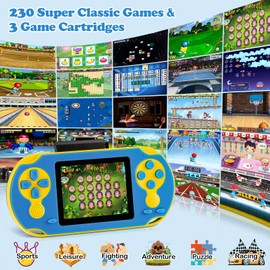 16 Bit Handheld Game Console for Kids, Video Game Console with Built in 230 HD Games, 3.0'' Screen Gaming Consoles with 3 Game Cartridges, Portable Rechargeable Game Console for Ages 4-12 (Blue)