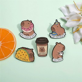 5Pcs Capybara Enamel Pins Cute Bear Milk Tea Food Lapel Pin Cartoon Cappy Brooches Badge Lovely Funny Capybara Letters Brooch Pins for Clothes Jackets Jackets