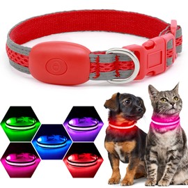 Flashseen LED Cat Collar,Light Up Dog Collar Rechargeable, Dog Lights for Night Walking, Comfortable Soft Mesh Pet Collar Adjustable for Cats Puppy and Small Dogs (Red, XS)