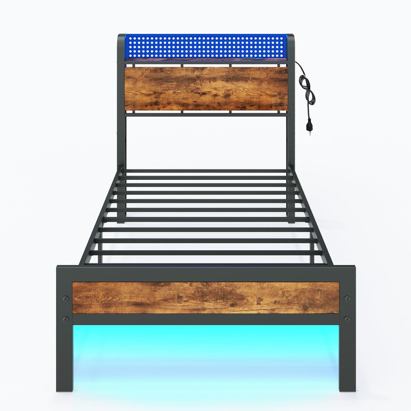 Furnulem Bed Frame Twin Size with LED Lights & Charging