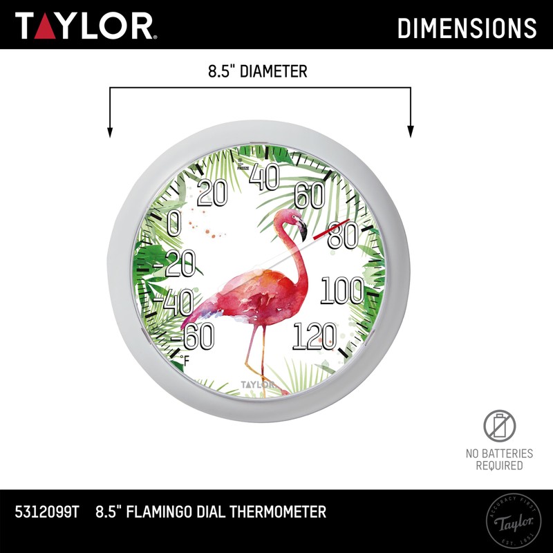 Taylor Flamingo Indoor Outdoor Dial Thermometer, Wireless Thermometer with Easy