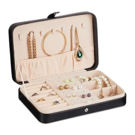 Relaxdays Jewellery Box, Jewellery Storage, Rings, Earrings & Chains, Travel Jewellery Case, HBT 4.5 x 21 x 14.5 cm, Black