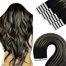 YoungSee Tape in Hair Extensions Off Black Ombre Grey Silver Balayage Hair Extension Tape Ombre Tape in Extensions Human Hair Black Tape on Human Hair Extensions Ombre Tape in Extension 16In 50G 20Pcs
