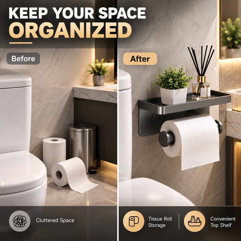 Wall Mounted Toilet Paper Holder with Storage Shelf – Black