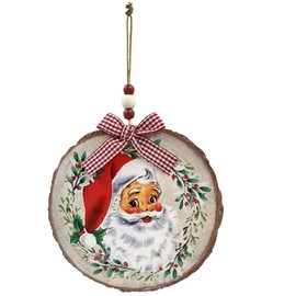Vintage Jolly Father Christmas Santa Decorative Hanging Wall Art Plaque, Natural Rustic Wood Effect, 20cm x 20cm