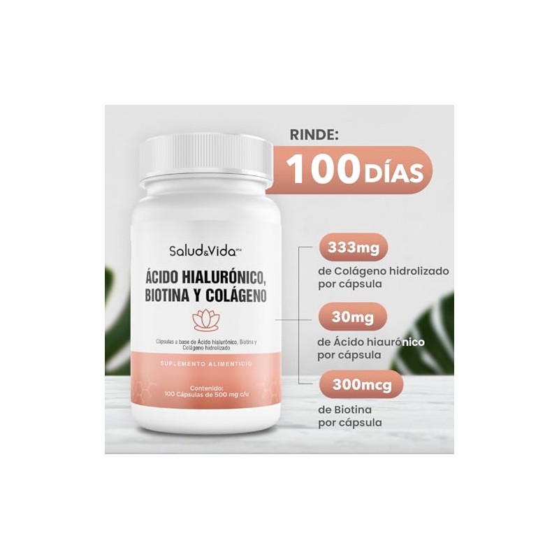 SaludVida Biotina, Ácido Hialurónico y Colágeno - 100 Cápsulas