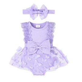 FOCICI Baby 3-6 Months Girl Clothes Summer Cute Newborn Outfits Sleeveless Lace One Piece Romper + Headband 2pcs set Purple 3-6 Months