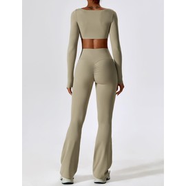 ABOCIW Workout Sets for Women 2 Piece Square Neck Long Sleeve Workout Crop Top Scrunch Butt Lifting High Waist Flare Leggings Bootcut Yoga Pants Outfit Y-Khaki Medium