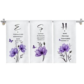 GOOZHO Purple Floral Christian Kitchen Towels, Inspirational Bible Verses Hand Towels for Bathroom Decor, Christian Gifts for Women, Religious Decor Dish Tea Towels for Kitchen, 16x24 Inch Set of 3