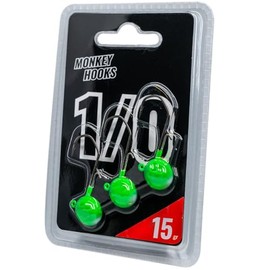 Monkey Lures Hook - 3 Jig Heads, Size/Weight/Colour: Size 1/0 / 15 g / Green