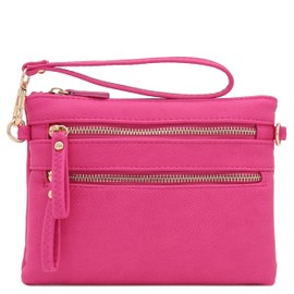 Multi Zipper Pocket Small Wristlet Crossbody Bag (Fuchsia)