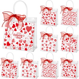 Amylove Amylove 24 Pcs Valentines Gift Bags Valentines Day Clear Gift Bags Valentine Clear PVC Goodie Bag with Handles Galentines Day Party Favors(Heart,Red)