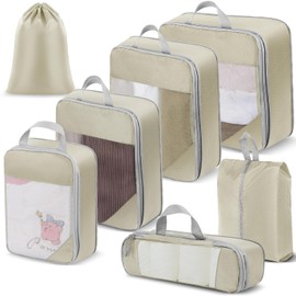 RisetoFame Compression Packing Cubes, Mesh Luggage Storage Bags, Expandable Travel Packing Cubes, Set of 7 (Beige)