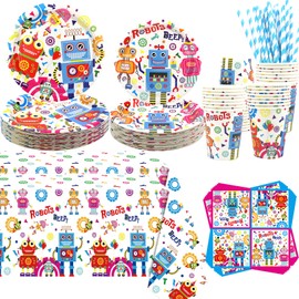 Robot Birthday Party Decoration - Robot Party Supplies Include Plates, Tablecloth, Napkins, Tableware, Robot Party Supplies for Boys Girls Baby Shower, Serves 40
