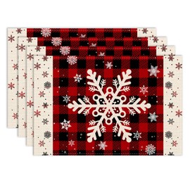 Christmas Placemat Set of 6, 12x18 Inch Red Black Buffalo Plaid Seasonal Winter Snowflake Xmas Merry Christmas Coffee Table Mats for Indoor Outdoor Party Kitchen Dining Table Decoration