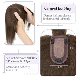 TESS Real Hair Topper Brown 7 x 13 cm Base Toupee Women's #2 Dark Brown with Fringe Hair Topper Real Hair 48 g 40 cm Hair Topper Clip in Hairpiece Extensions