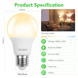 BUBO A19 LED Light Bulbs, 60 Watt Equivalent LED Bulbs, Soft White 2700K, 800 Lumens, E26 Standard Base, Non-Dimmable, 8W Soft White LED Bulbs for Bedroom Living Room Home Office, 36 Pack