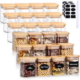 24 Pcs Glass Spice Jars with Bamboo Lid 7oz Spice Container with Sticker Labels Pen for Kitchen Sugar Coffee Tea (2.4 x 3.2 inch)