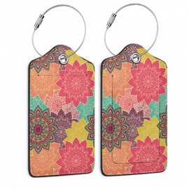 Luggage Tags for Suitcase,2 Pack Mandela Floral Luggage Tag Boho Vintage Leather Privacy Cover ID Label with Stainless Steel Loop for Women Men Kids Girls Travel