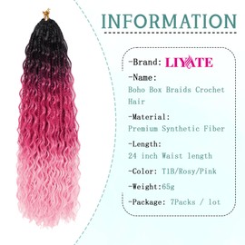 Goddess Box Braids Crochet Hair Ombre Pink Boho Crochet Braids 24 Inch 7 Packs Bohemian Crochet Braids with Curly Ends Knotless Box Braids Crochet Braiding Hair Extensions, 1B/Rosy/Pink