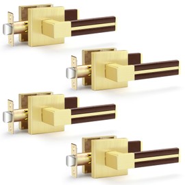 EHOMEWARE 4 Pack Gold Door Handle with Bronze Leather, Brass Passage Door Levers Door Handle Sets Hallway Closet Door Lever Handle Without Lock, Keyless Door Levers for Left/Right Handing