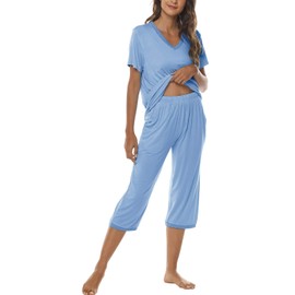 JINSHI Women's Loungewear Sets Simple Sleep Tops with Loose Fit Pajamas Pants Ladies Fashionable Homewear Sets Blue 2 X-Large