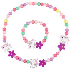 Wooden Children's Jewellery Set, Unicorn Friendship Bracelet, Unicorn Beads Necklace and Bracelet, Gift for Girls, Birthday Party, Dress Up Costume Accessory