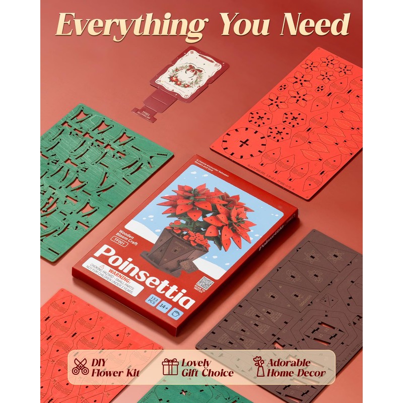 ROBOTIME 3D Puzzle Wooden Poinsettia, Artificial Flower Model Kit for