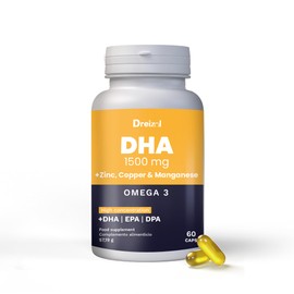DREIZOL Omega 3 DHA 1500 mit EPA und DPA + Magnesium, Zink und Kupfer - Hohe Konzentration - Unterstützt Augengewebe, Netzhaut sowie Herz- und Gehirngesundheit - Glutenfrei - GMO-frei - 60 Kapseln