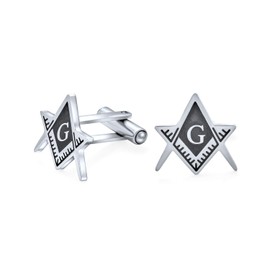 Bling Jewelry Freemasons Compass Symbol Masonic Cufflinks for Men Two Tone Silver Tone Black Enamel Stainless Steel Hinge Bullet Back
