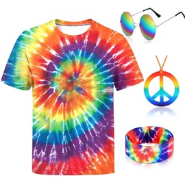 4 Pieces Hippie Costume Set, Tie Dye Shirt, Sunglasses, Headband, Peace Sign Necklace, 70s Outfits for Women Men