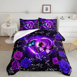 Tuzaovy Butterfly Comforter Set Queen,Butterfly Bedding Sets for Girls，Butterfly Decorations for Bedroom,Dreamy Butterfly Comforter Set,Purple Butterfly Bedding Black and Purple Butterfly Comforter