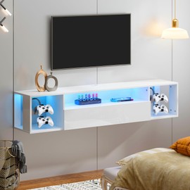 soges Floating TV Stand with LED Lights, Television Shelf for 43 inch TV, Wall Mounted Media Console with Gamepad Hooks, White Entertainment Storage Shelf Under TV for Living Room, White