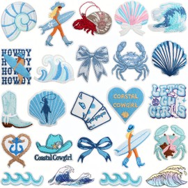 Shimmerz Pack of 24 Coastal Cowgirl Iron-On Patches for Hats, Summer Ocean Embroidered Blue Patches for Girls, Heat Press Embroidery Patches for Trucker Hats/Clothes/Denim