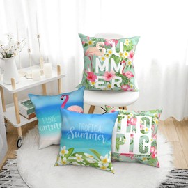 Summer Flamingo Decorative Throw Pillow Covers 18 x 18 Set of 4, Pink Bird Tropical Palm Leaves Flower Porch Patio Pillowcase, Beach and Blue Sky Pattern Cushion Case Decor