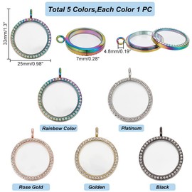 PH PandaHall 5pcs Rhinestone Photo Frame Charm, 5 Colors 35mm Round Crystal Double-Sided Picture Frame Memory Locket Charm Alloy Dangle Charms for Wedding Bridal Bouquet Keychain Jewelry Making