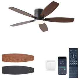 KNUN 51-inch Ceiling Fan with Light and Remote/App Control, Flush Mount Low Profile Ceiling Fan, Reversible DC Motor, Brown Modern Ceiling Fan with Light, Dimmable,Noiseless,for Bedroom Living Room