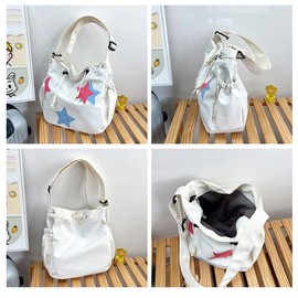 Jnidesier Kawaii Japanese Style Unisex Crossbody Bag with Star Design, Waterproof Nylon Casual Shoulder Messenger Bag for Daily Use Y2K Style Beige