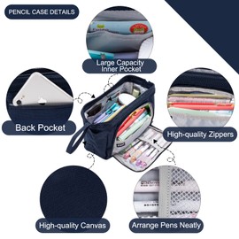 Hcbuu Pencil Case Organizer, Large Canvas Pencil Cases Box for Kids and Adults, Aesthetic Cute Pen Pouch Bag for School Office Art Gift Blue