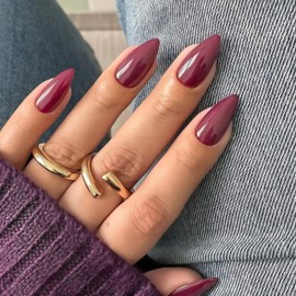 SXVME Raspberry Press On Nails Almond - Acrylic Press On Nails Medium Stiletto, Opaque Solid Plum Fake Nails with Glue, Fit Perfectly, Reusable Soft Gel Stick on Nails for Women, 24 Pcs