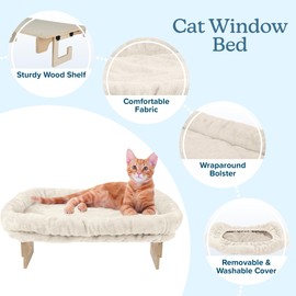 Cat Bed for Window Sill - Cat Window Perch with Bolster and Removable Washable Cover - Window Hammock with Sturdy Wood Frame for Large Cats - Pet Beds for Indoor Cats by PETMAKER (Cream)