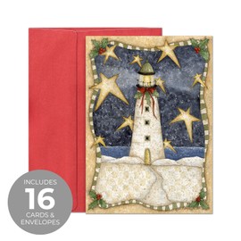 Masterpiece Holiday Lighthouse Christmas Cards / 16 Boxed Holiday Card Set With Coordinating Red Envelopes / 5 5/8" x 7 7/8" Folded Winter Beach Greeting Cards With Inside Verse
