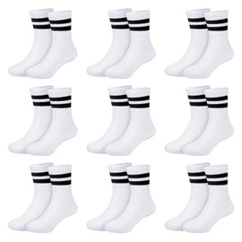 Auranso Kids Socks 9 Pairs Girls White Sports Mid-calf Crew Socks Boys Cotton School Athletic Cushioned Socks for Toddlers to Junior, 11-15 Years