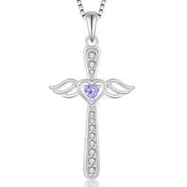 FYNSBLE Cross Necklace for Women Sterling Silver Guardian Angel Wings Alexandrite Heart Birthstone Pendant Necklace Jewelry for Women Mother Her